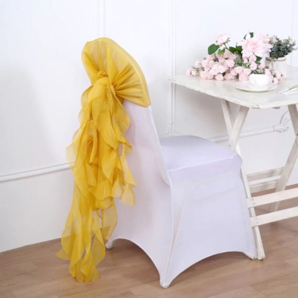 1 Set Mustard Yellow Chiffon Hoods With Ruffles Willow 250 Chair Sashes - Picture 3 of 3